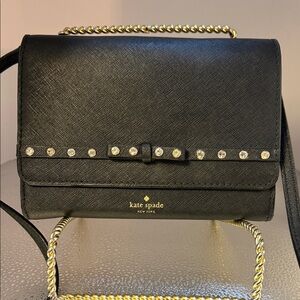 kate spade Black Saffiano Leather Shoulder Bag with Crystal Bow Accent